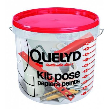 Kit de pose papier peints QUELYD : 1 seau doseur + 1 Rouleau à encoller + 1 fil à plomb + 1 cutter + 1 spatule à maroufler + 1 m
