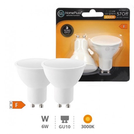 Pack 2 ampoules LED GU10 dichroique 6W 3000K